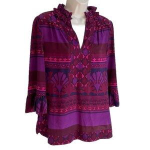 Tory Burch Silk Geometric Print Ruffle High V Neck 3/4 Tunic Blouse Top Sz 4